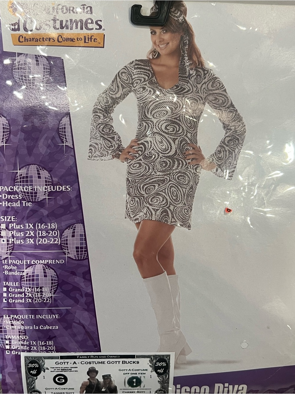 California Costumes Black & White Disco Diva Mini Dress w/Head Tie 3X Sequin